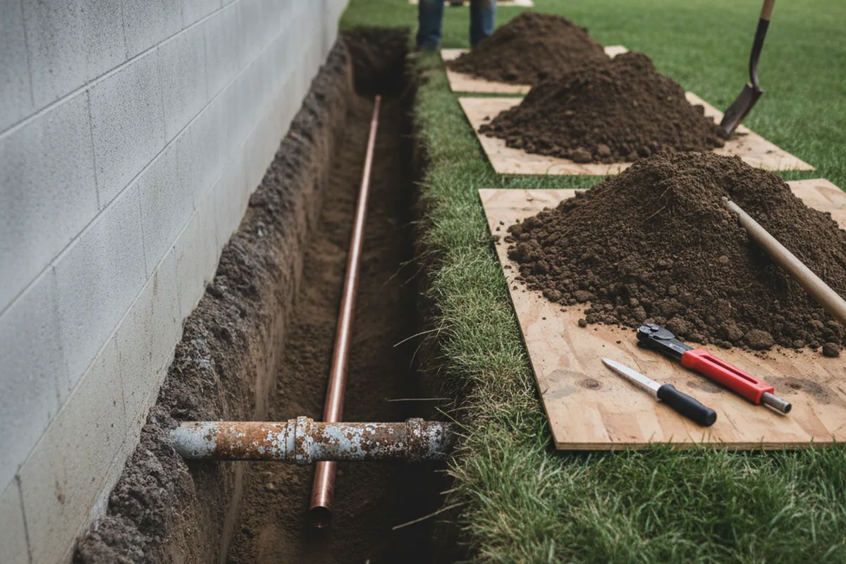 Excavated water line trench during Water Heater Repair in Godwin